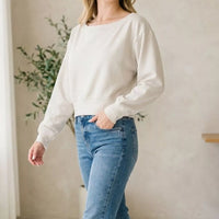 Bone cropped boat-neck pullover sweatshirt with long sleeves, casual everyday wear