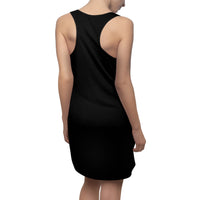Black racerback sleeveless mini dress back view, deep scoop back neckline