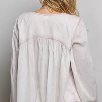 Embroidered gathered-shoulder long-sleeve shirt back in off-white with pleats and yoke