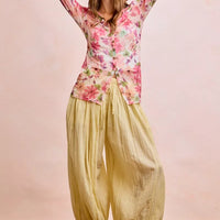 Floral mesh button-up cardigan top with pink floral print, V-neck buttons, long sleeves