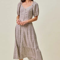 Ditsy floral maxi dress, square neckline, puff sleeves, elastic waist in off-white/black