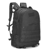 Black 40L tactical backpack with front MOLLE webbing, zip compartments, and padded straps
