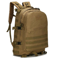 Tan 40L tactical backpack with MOLLE webbing, zip compartments, and adjustable shoulder straps