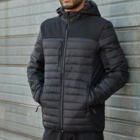 Men's black hooded jacket with side pockets, quilted front and sleeves, and full-length zipper