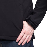Black softshell jacket detail showing a zip pocket and adjustable hook-and-loop cuff