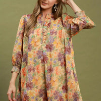Floral print mini dress with smocked cuffs, button-front and puff sleeves