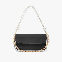 Black mini shoulder bag with flap and gold chain-link strap, leather-look finish
