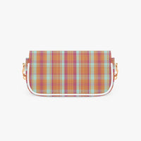 Plaid shoulder bag front view with top flap and white trim on sides