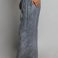 Charcoal wide-leg woven pants, elastic waist, drawstring, tassel embroidery