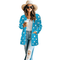 Women's Blue and White Polka Dot Cardigan Long-Sleeved Top with Pockets