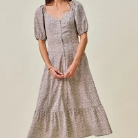 Ditsy floral midi dress front view, square neckline, puff sleeves, elastic waist belt