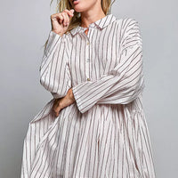 Striped woven shirt dress with collar, button front, gathered waist, long sleeves