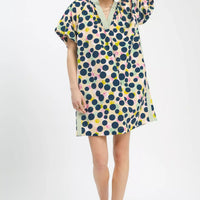 Relaxed polka dot tunic dress, honey/green with navy spots and pink highlights