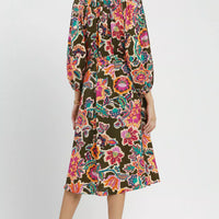 Belted midi dress back view, dark olive abstract floral print with long sleeves