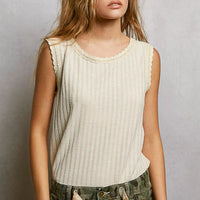 Beige ribbed sleeveless tank with scalloped lace round neckline