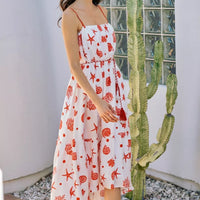 Red shell print tiered midi cami dress with belt, spaghetti straps, sleeveless, lined