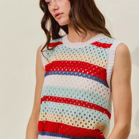 Women’s sweater knit tank top, front view with red and navy stripe accents
