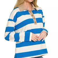 Ocean blue-and-white striped long-sleeve polo top with contrast collar and front buttons