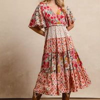 Floral print tiered midi dress with flutter sleeves and ruffled bodice, rose mix