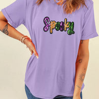 Lavender T-shirt with sequined 'Spooky' front lettering, crew neck, short sleeves