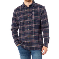 Men's dark blue plaid flannel shirt with button front and chest pocket