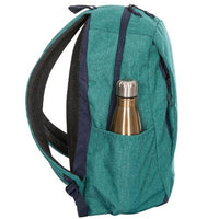 Side view of teal backpack with a water bottle in the elastic side pocket.