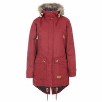 Burgundy waterproof parka jacket with faux-fur hood, front zip, and drawstring hem