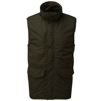 Olive quilted gilet with a high collar, front zip, and flap pockets