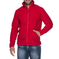 Red men's microfleece jacket worn zipped, with a high collar and angled front pockets