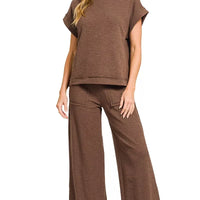 Brown cotton slub tee and pants set, crew neck short sleeves, wide-leg pants