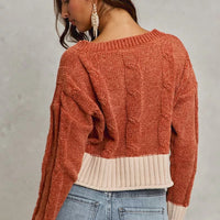Rust chenille V-neck cropped sweater shown from back, cream contrast hem