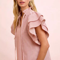 Women's red-and-white striped ruffle-sleeve blouse with draped shoulder ruffles
