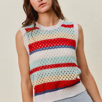 Women’s sweater knit tank top with crew neck and multi-color horizontal stripes