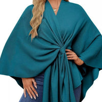 Women’s teal shawl cape with front tie knot and draped V-neck