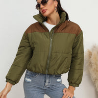 Women's army green puffer coat with brown contrast panels, high collar, zip front