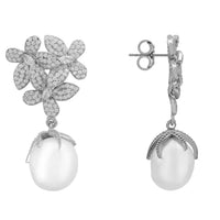 Flowers Pearl Earrings Silver White-2