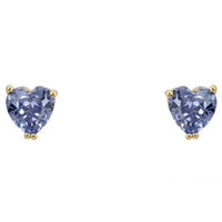 Pair of gold heart stud earrings with blue heart-cut gemstones