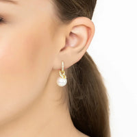 Gold drop pearl earrings with small crystal hoop and white pearl drop