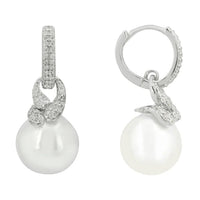 Silver-tone drop pearl earrings with hinged hoop and pearl drop
