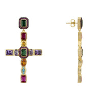 Gold cross gemstone earrings, side view with stud backing