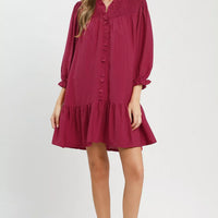 Mulberry tiered mini dress with smocked ruffle V-neck and long puff sleeves, full view