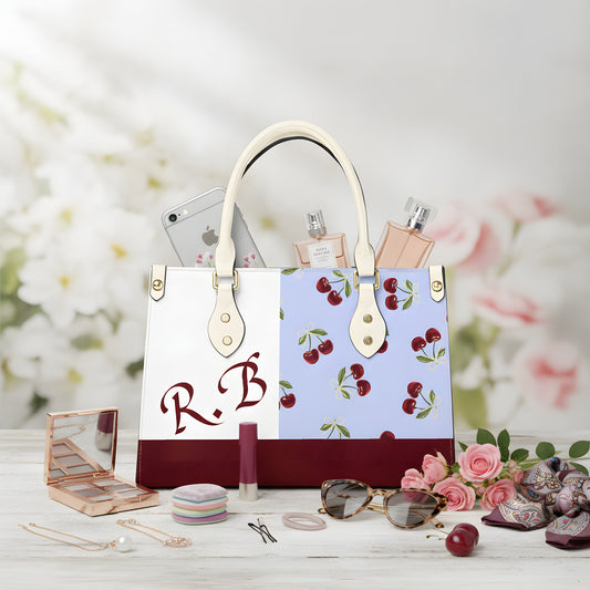 Leather Tote Bag, Mini Personalized PU Shoulder Handag, Custom Long Strap and Block Cherry