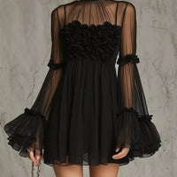 Black sheer mesh mini dress with ruffled flare sleeves and rosette bodice
