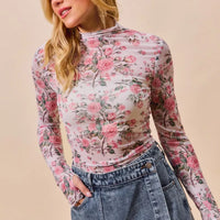 Floral rose print mesh sheer layering top in pink, long sleeves, high neck