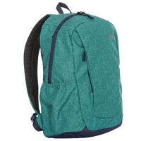 Teal backpack shown at an angle, with front zip pocket and side pocket.