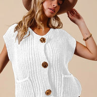 Off-white knit sweater vest with round neck and large gold-tone front buttons