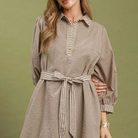 Brown striped contrast belted mini dress with puff sleeves and bow tie waist