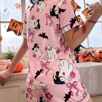 Pink Halloween lounge set with back view of button-down short-sleeve top and shorts