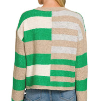 Back view of lightweight wool blend color block sweater in green and tan