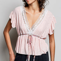 Blush striped V-neck lace blouse with peplum waist tie and flutter ruffle sleeves